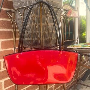 Beijo Womens Red Patent Leather Inner Dividers black Trim & Handles Shoulder Bag